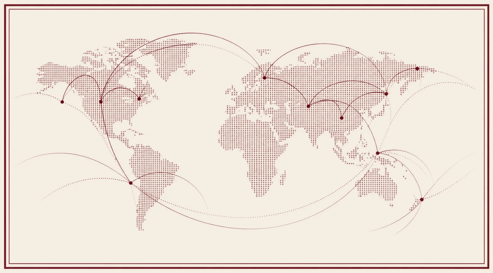 World map with route lines connecting cities across the Americas, Europe, the Middle East, and Asia